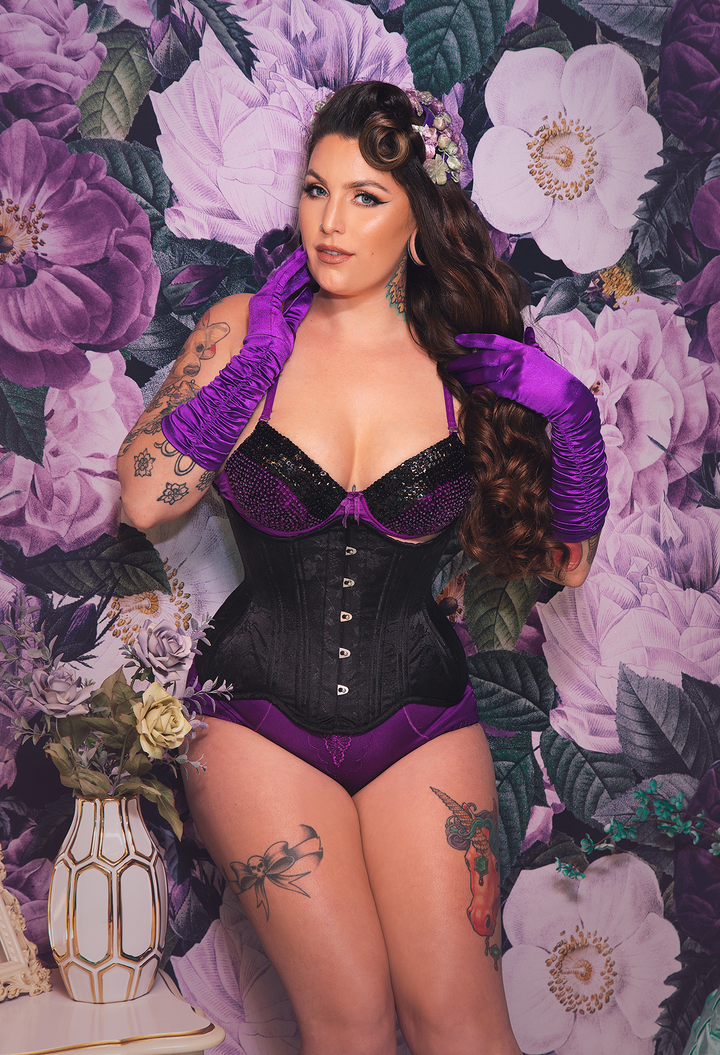 Kristina in Edwardian Curve Underbust corset in black floral brocade