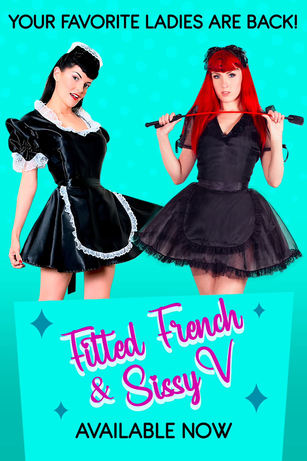 Bernie Dexter and Melissa Drew in original Versatile Fashions Fitted French Maid & Sissy V Maid Dress