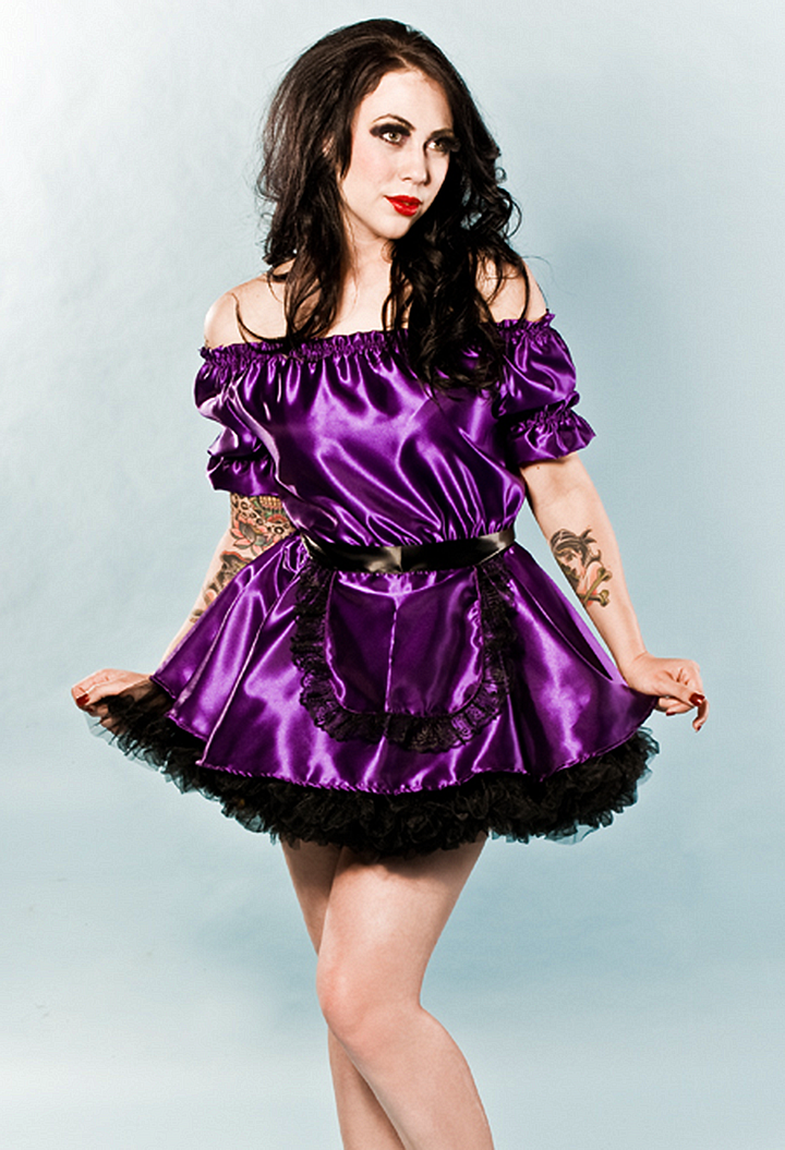 Original Versatile Fashions Elastic Maid Dress in purple satin w/ black lace trim apron